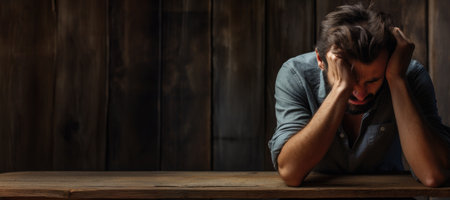 Depressed man crying with head up on hands on dark background. Portraitの素材