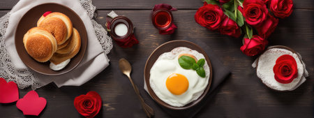 Breakfast table setting for saint valentine's day with hearts. Holiday love food conceptの素材