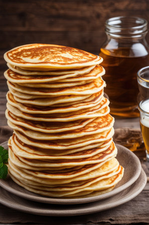 stack of very thin pancakes on plate. traditional for Russian pancake week. Shrove tideの素材