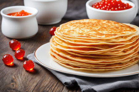 stack of very thin pancakes with red caviar on plate. traditional for Russian pancake week. Shrove tideの素材