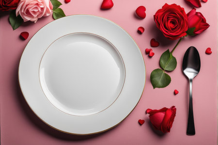 Empty plate mock up for saint valentine's day. Holiday love table setting with hearts. Top viewの素材