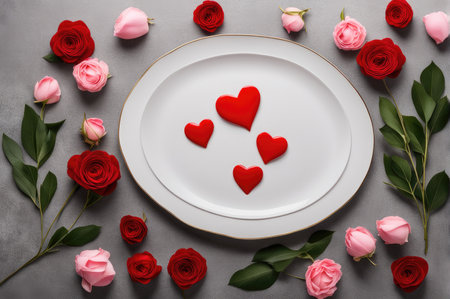 Empty plate mock up for saint valentine's day. Holiday love table setting with hearts. Top viewの素材