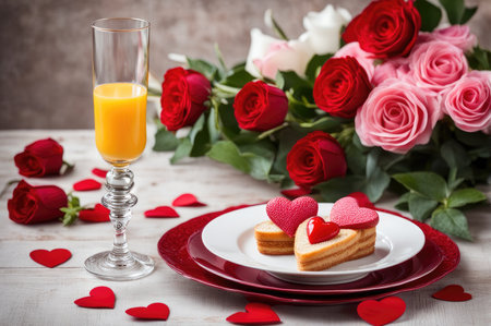 Breakfast table setting for saint valentine's day with hearts. Holiday love food conceptの素材