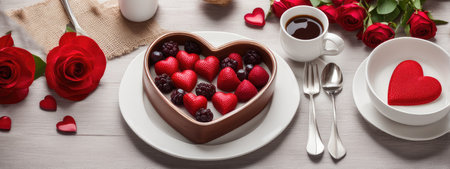 Breakfast table setting for saint valentine's day with hearts. Holiday love food conceptの素材