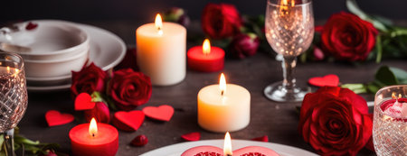table setting for dating. saint valentine's day holiday love concept with hearts and candiesの素材
