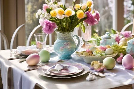 Elegant Easter table arrangement with pastel eggs and fresh spring flowersの素材