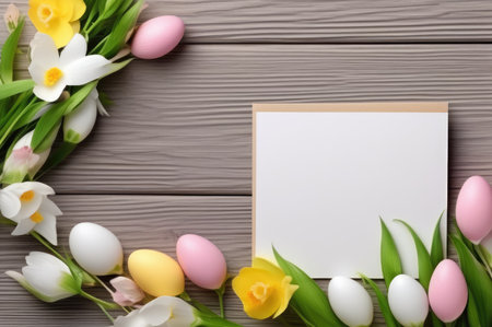 Vibrant flowers and colorful Easter eggs beside a blank card on a wooden backgroundの素材