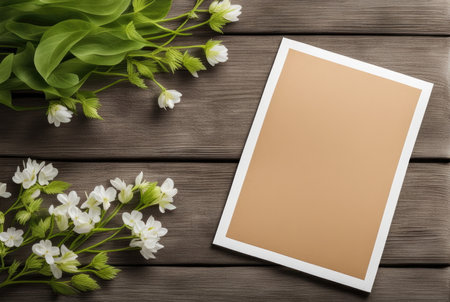 A blank card surrounded by fresh white flowers and greenery on a dark wood surfaceの素材