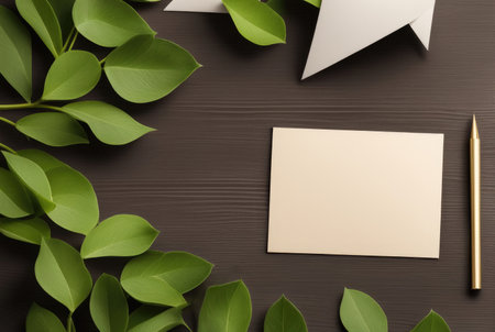 Beige note paper lies beside long green leaves on a textured wooden backgroundの素材