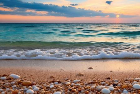 Close-up of sea waves touching the shore at sunset, with golden sunlight reflecting on the waterの素材