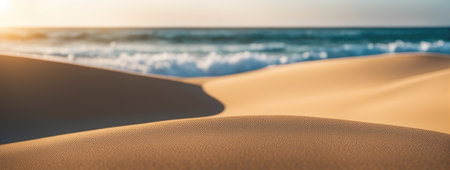 Sand dunes leading to a calm ocean, with a soft sunrise illuminating the sceneの素材