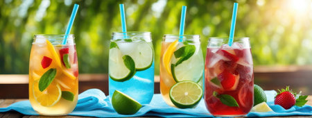 Colorful fruit cocktails garnished with fresh mint, by the pool under the summer sunの素材