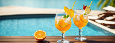 Ice-cold drink garnished with fresh fruit on a poolside table, evoking a refreshing summer vibeの素材