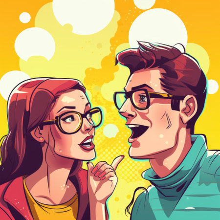 Colorful pop art drawing of a young couple discussing enthusiasticallyの素材