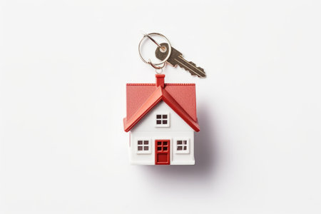 Keychain featuring a white house model and keys on a light background.の素材