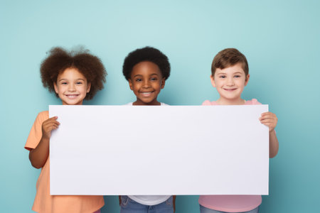 Three joyful kids of diverse ethnicities holding an empty white bannerの素材