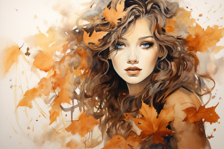 Watercolor elegant autumn girl with long hair and leaves on white backgroundの素材