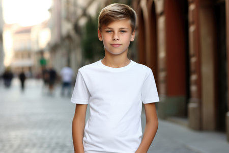 White blank t shirt mock up. Boy on street backgroundの素材
