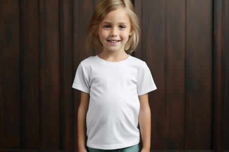 White blank t shirt mock up. Girl on wooden wall backgroundの素材