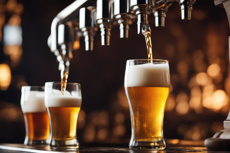 Close-up of golden beer being poured into a clear glass with a bar backdropの素材