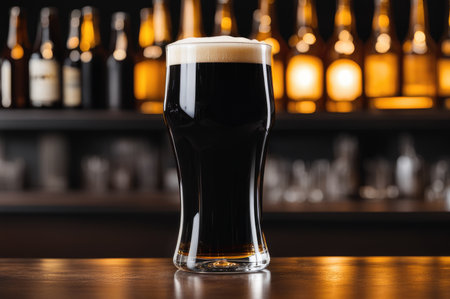 A pint of dark beer with a creamy head, on a wooden bar top with a blurred backgroundの素材