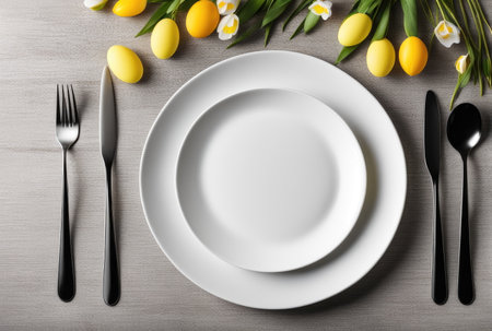 A sophisticated Easter table display with stylish cutlery, flowers, and pastel eggsの素材