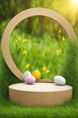 Festive Easter wreath on a circular podium with a green nature backdropの素材