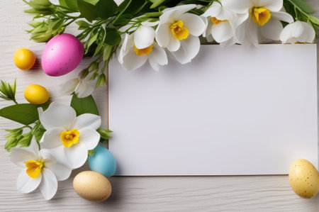 Vibrant flowers and colorful Easter eggs beside a blank card on a wooden backgroundの素材