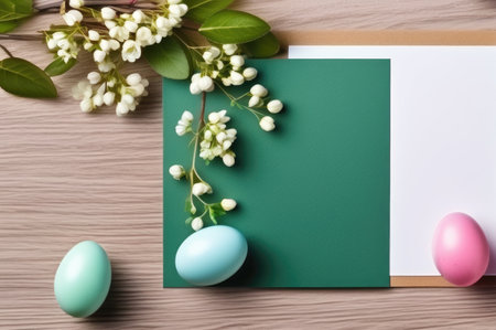 Vibrant flowers and colorful Easter eggs beside a blank card on a wooden backgroundの素材