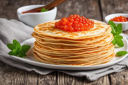 stack of very thin pancakes with red caviar on plate. traditional for Russian pancake week. Shrove tideの素材