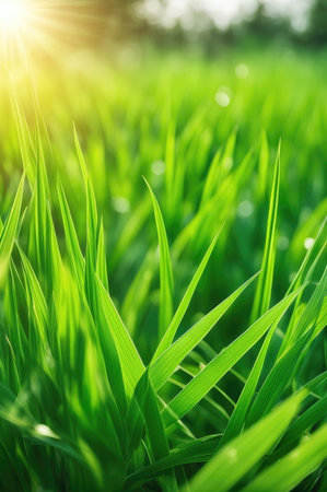 Lush green grass with a soft bokeh effect on a bright spring dayの素材