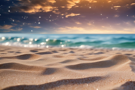 Close-up of sea waves touching the shore at sunset, with golden sunlight reflecting on the waterの素材