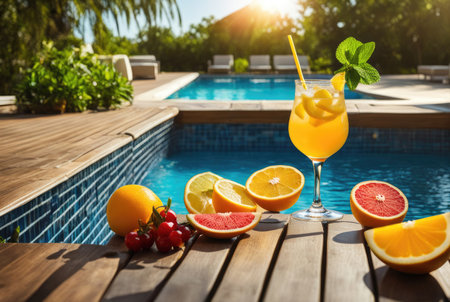 Ice-cold drink garnished with fresh fruit on a poolside table, evoking a refreshing summer vibeの素材