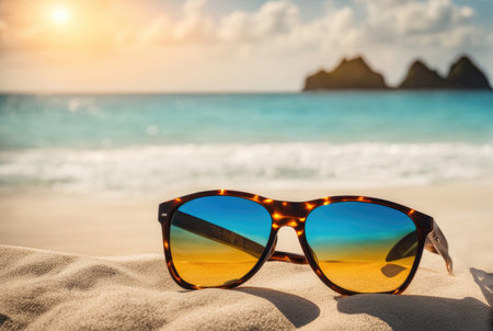 sunglasses resting on golden beach sand with waves in the backgroundの素材