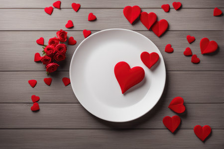 Empty plate mock up for saint valentine's day. Holiday love table setting with hearts. Top viewの素材