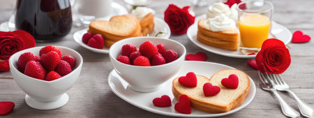 Breakfast table setting for saint valentine's day with hearts. Holiday love food conceptの素材