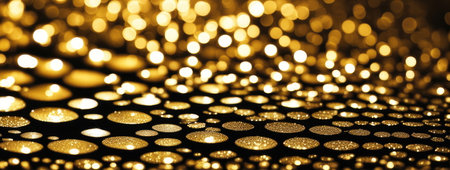 Golden bokeh lights on a reflective textured surfaceの素材