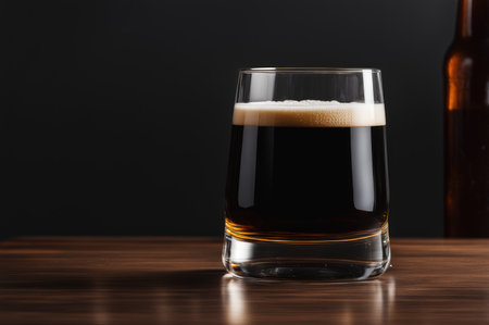 A pint of dark beer with a creamy head, on a wooden bar top with a blurred backgroundの素材