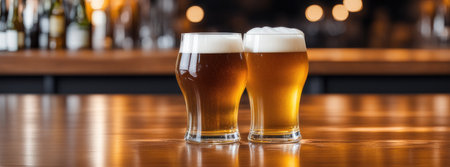 Frothy beer in a clear glass, bar atmosphere with blurred pub interior in backgroundの素材