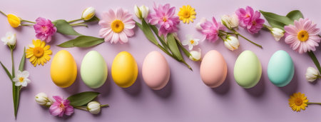 A variety of Easter eggs intermixed with delicate spring flowersの素材
