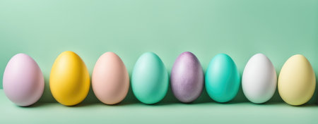 Easter eggs with dots and stripes patterns against a soft pastel backdropの素材