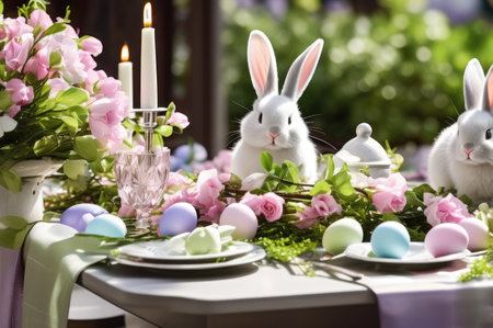 Easter table setting with cute bunny, painted eggs and blooming flowersの素材