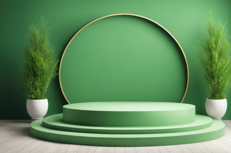 Contemporary podium in green tones with decorative plants against a green backdropの素材