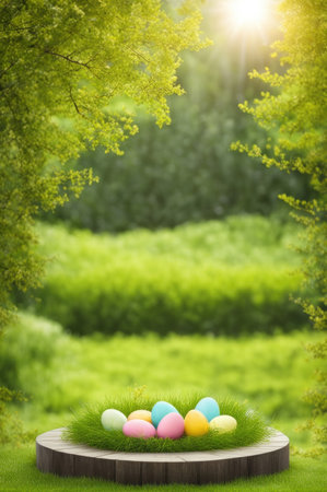 Colorful Easter eggs rest in fresh grass on a wooden platform, with a sunlit greenery backdropの素材
