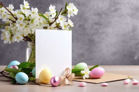 A blank card surrounded by colorful Easter eggs and spring blossomsの素材