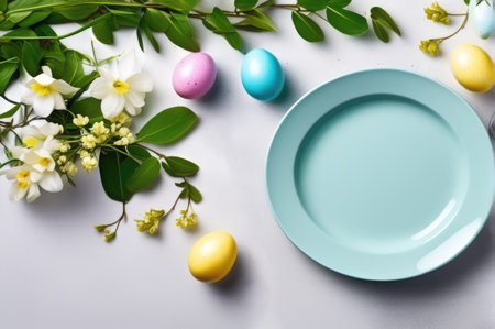 A serene table setting for Easter with fresh flowers, pastel eggs, and modern cutleryの素材