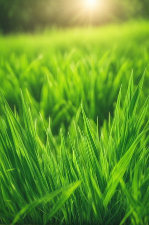 Lush green grass with a soft bokeh effect on a bright spring dayの素材