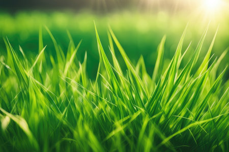 Lush green grass with a soft bokeh effect on a bright spring dayの素材