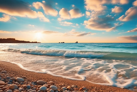 Close-up of sea waves touching the shore at sunset, with golden sunlight reflecting on the waterの素材