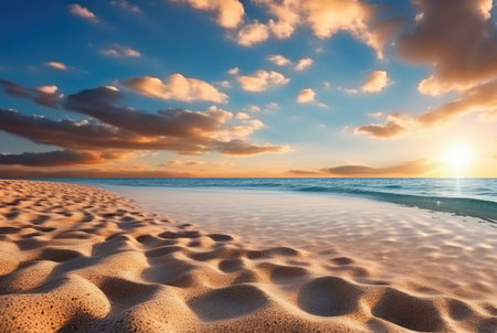 Sand dunes leading to a calm ocean, with a soft sunrise illuminating the sceneの素材